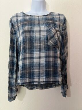 Cloth & Stone - Blue Plaid Long-Sleeve Women's Top With Braided Back